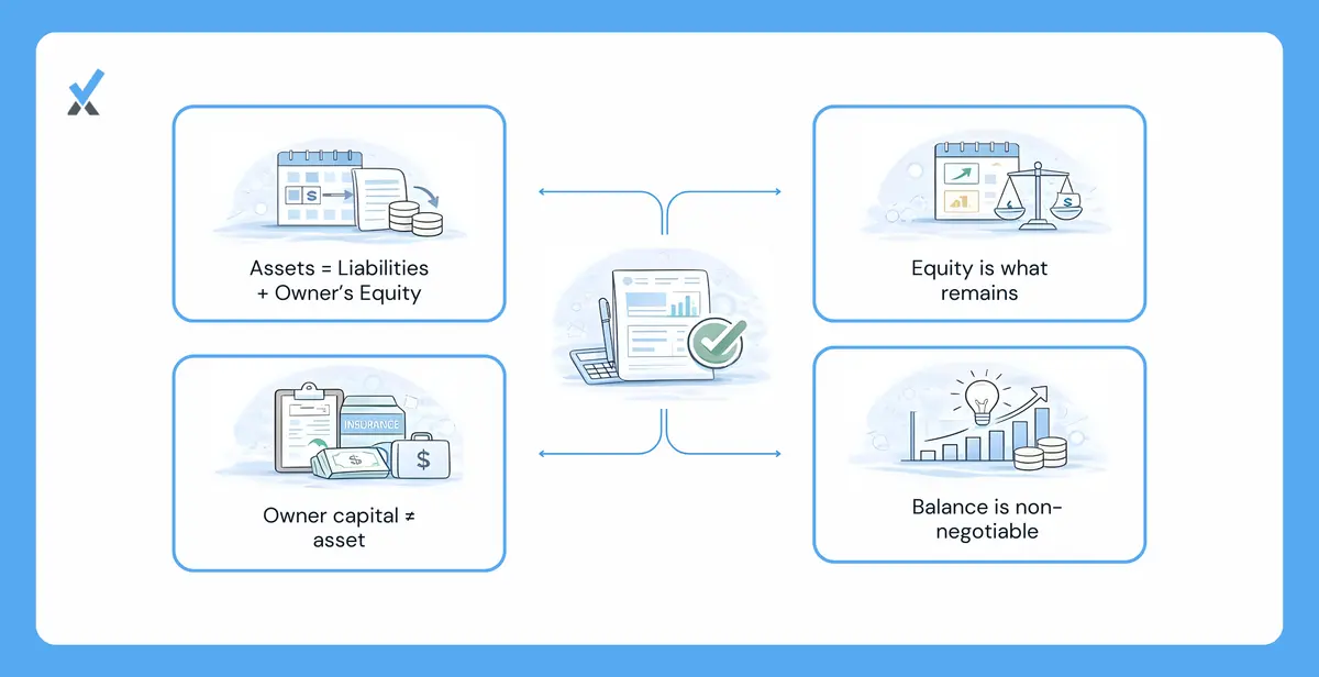 A diagram showing the balance sheet equation with assets on one side and liabilities plus owner's equity on the other
