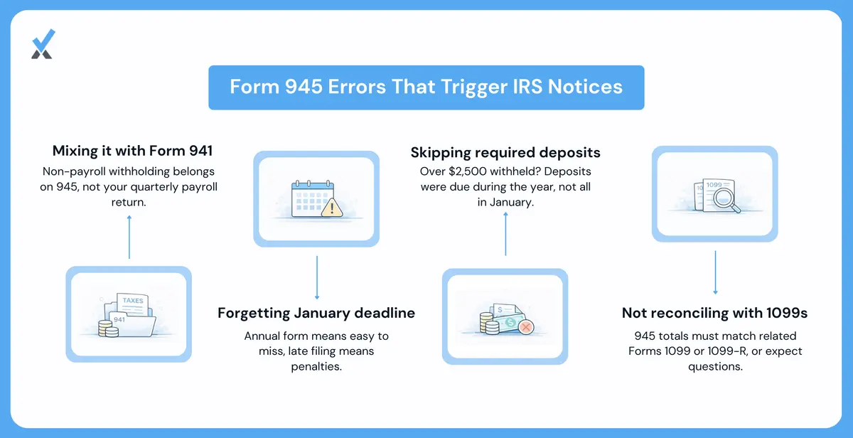 Four common Form 945 filing errors: reporting non-payroll withholding on Form 941, missing the January 31 deadline, failing to make deposits during the year, and not reconciling against information returns