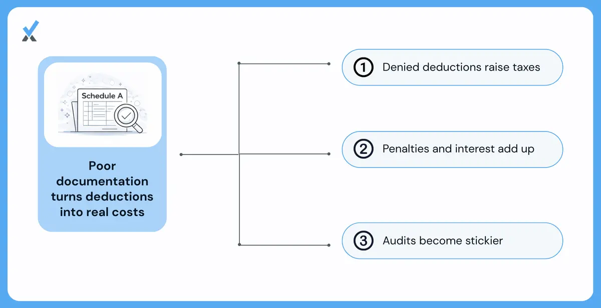Chart showing how a denied deduction increases taxable income, adds an accuracy penalty, and can raise audit risk on future returns