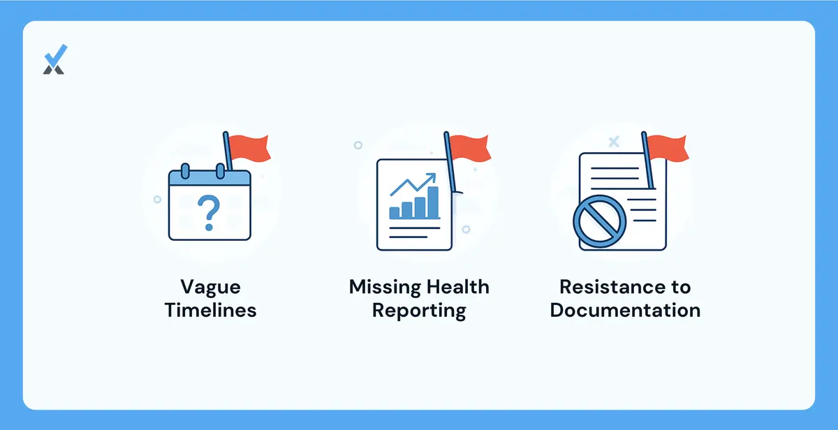 A three red-flag reference for AP outsourcing provider evaluation showing vague timelines without specifics indicating no documented process, missing AP health reporting leaving you blind until problems become crises, and resistance to documentation requests indicating inconsistent quality that varies by individual staff