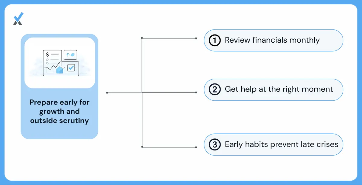 Illustration covering cash versus accrual accounting, monthly financial reviews, and knowing when to bring in professional help