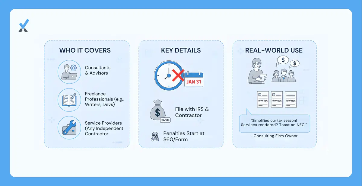 A reference diagram for the 1099-NEC showing the nonemployee compensation definition, the $600 annual threshold, the types of service providers it covers (consultants, freelancers, project managers, contract bookkeepers), and the January 31 deadline for both the IRS copy and the contractor copy