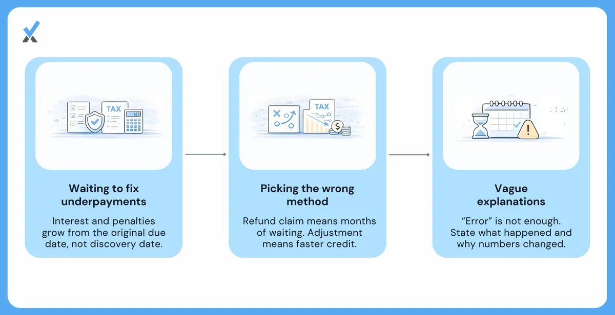 Illustration showing common Form 941-X mistakes including late filing, wrong method selection, and inadequate explanations